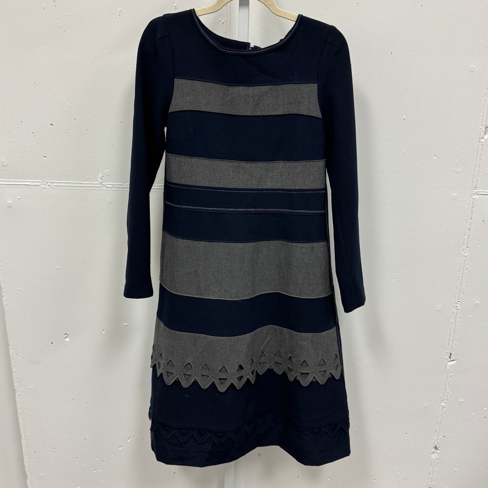 Rickie Freeman Teri Jon Navy Grey Striped Laser Cut Hem Sheath Midi Dress Size 8